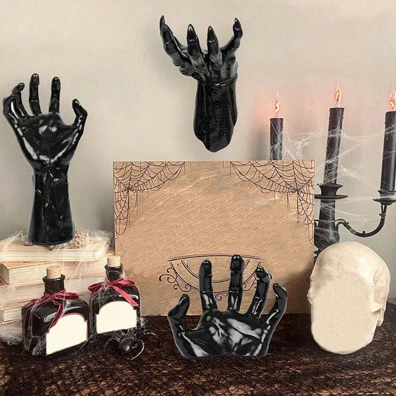 Gothic Halloween indoor decor with 12 bat sticker wall hangings, including spooky hands and lit candles for spooky wall decor