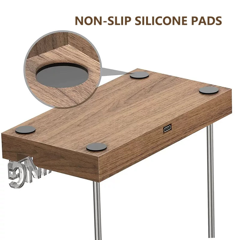 Eprolo wooden vinyl record stand on a desk displaying an album, ideal for desktop music decor and office organization.