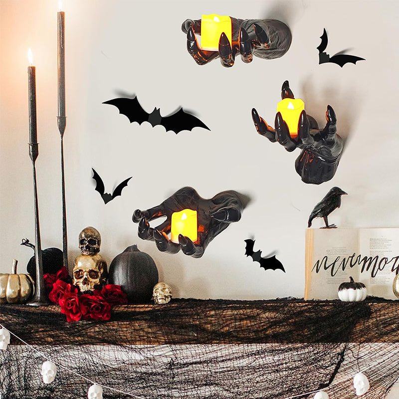 Set of 12 Gothic Halloween bat stickers with spooky hands and lit candles for indoor wall decoration, ideal for gothic-themed decor.