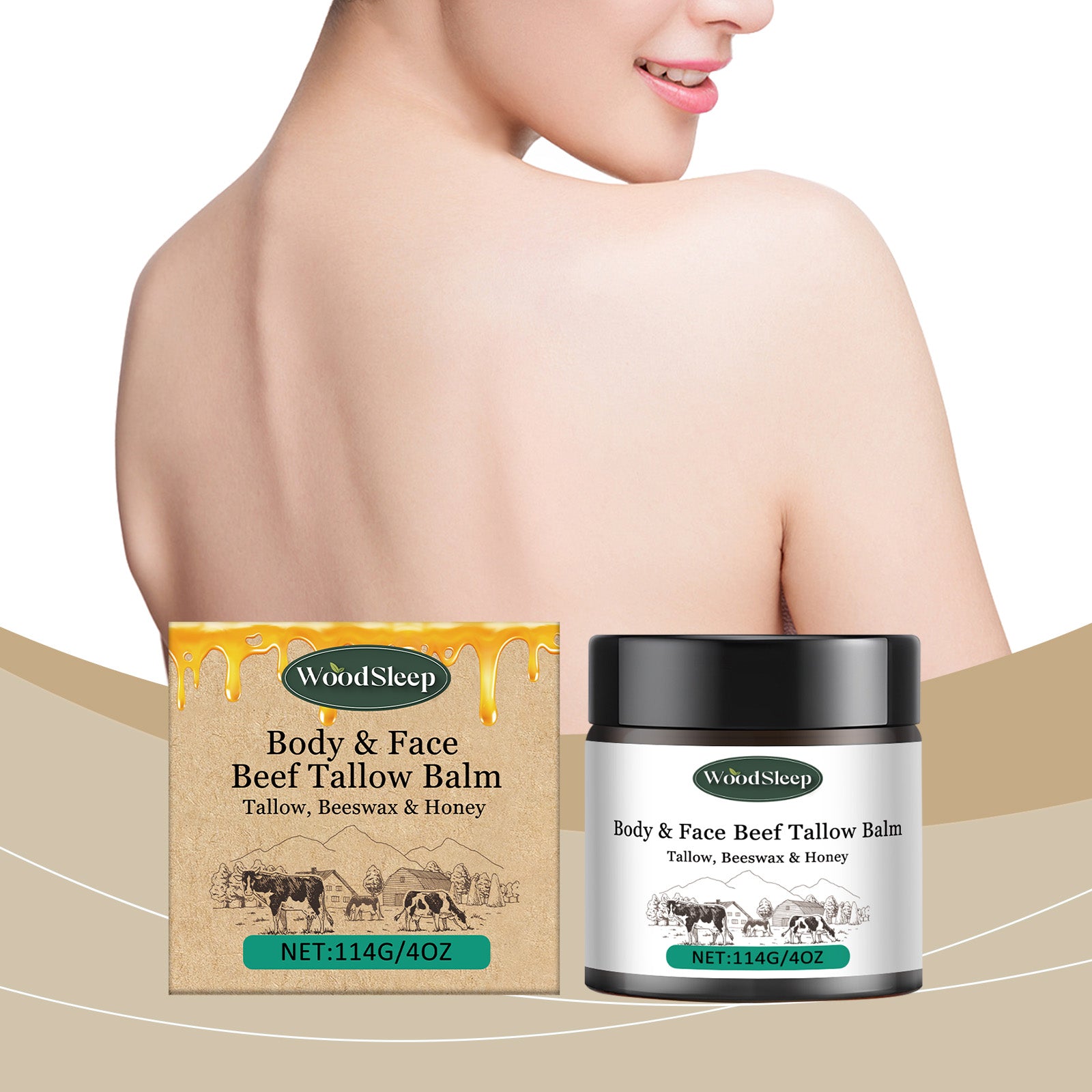 eprolo WoodSleep Butter Fed Moisturizer, a body lotion with natural ingredients, shown in a sleek container with a creamy texture.