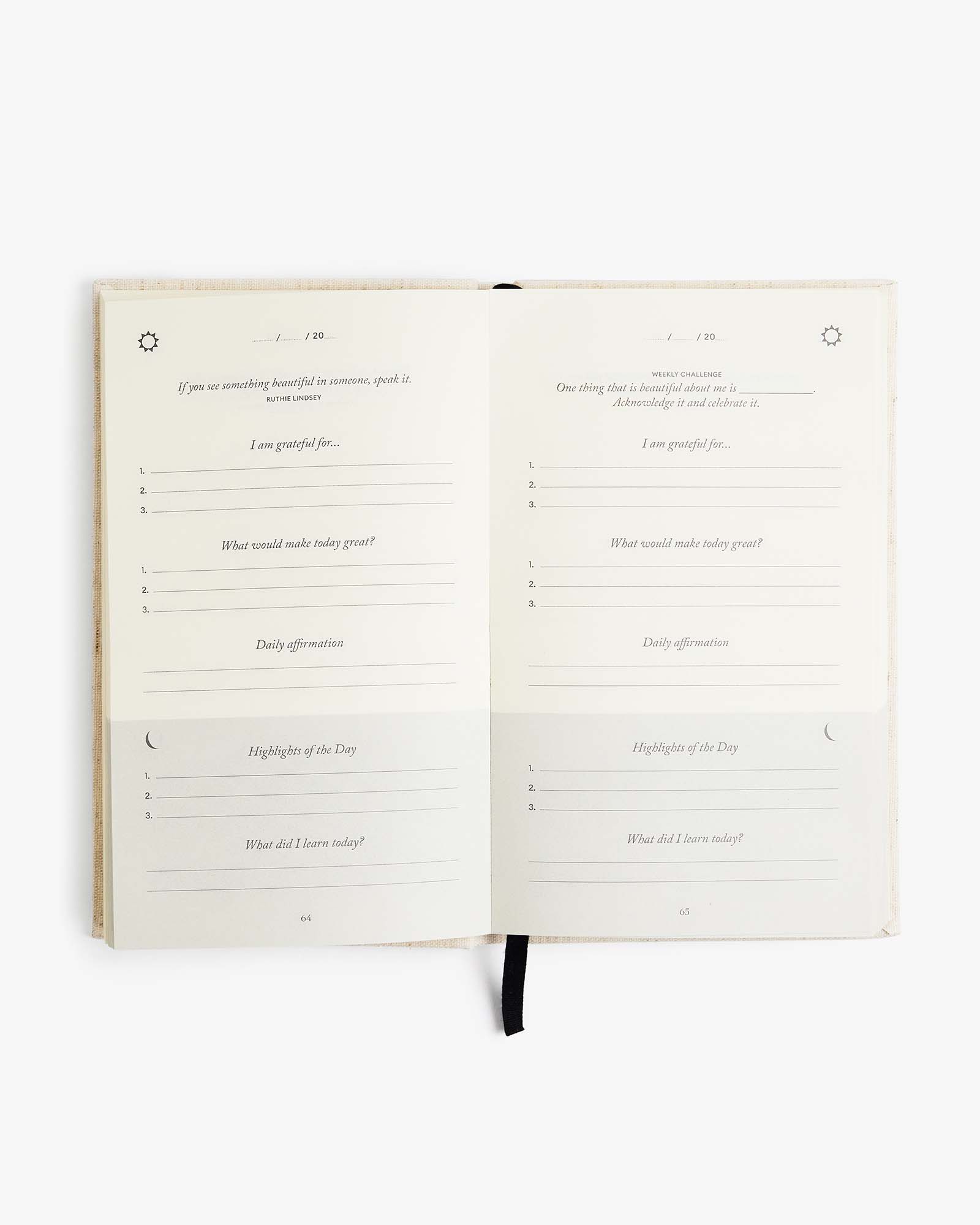 The Five Minute Journal - Original Linen mindfulness journal with soft linen cover, open to a page for daily reflection.