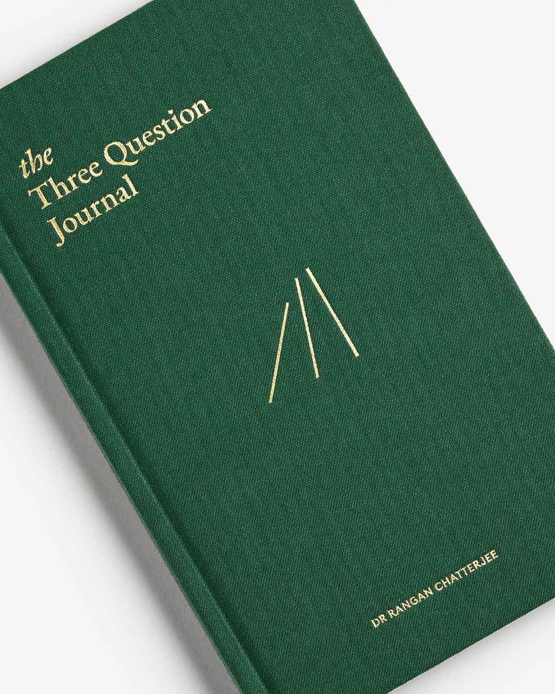 Green The Three Question Journal mindfulness journal by Intelligent Change with open pages showing handwritten questions and prompts.