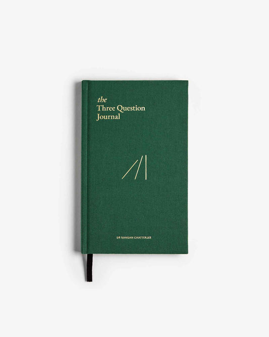 Green mindfulness journal titled "The Three Question Journal" by Intelligent Change, featuring a clean, minimalistic cover design.