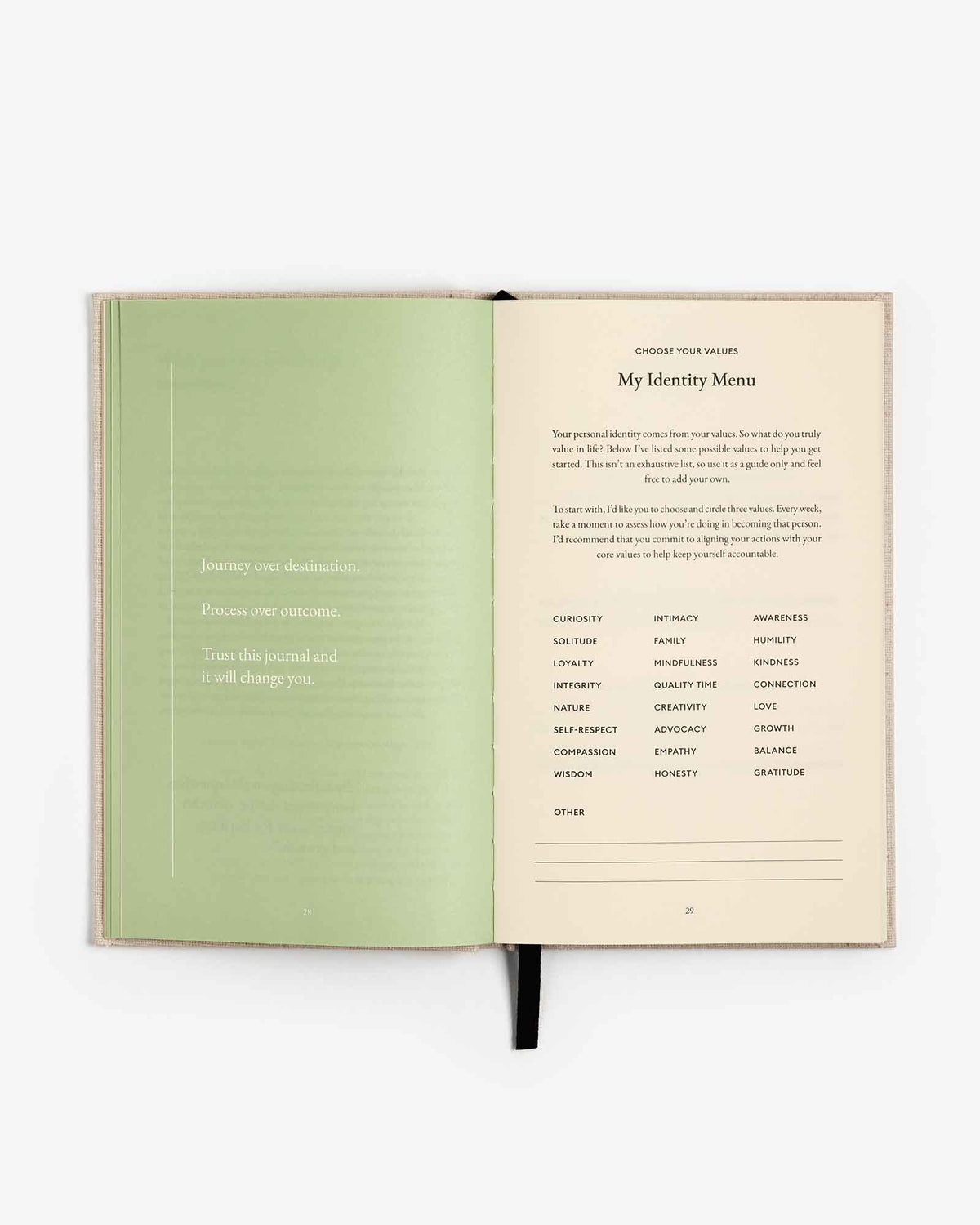 Green The Three Question Journal by Intelligent Change, a mindfulness journal with prompts for reflection and personal growth.