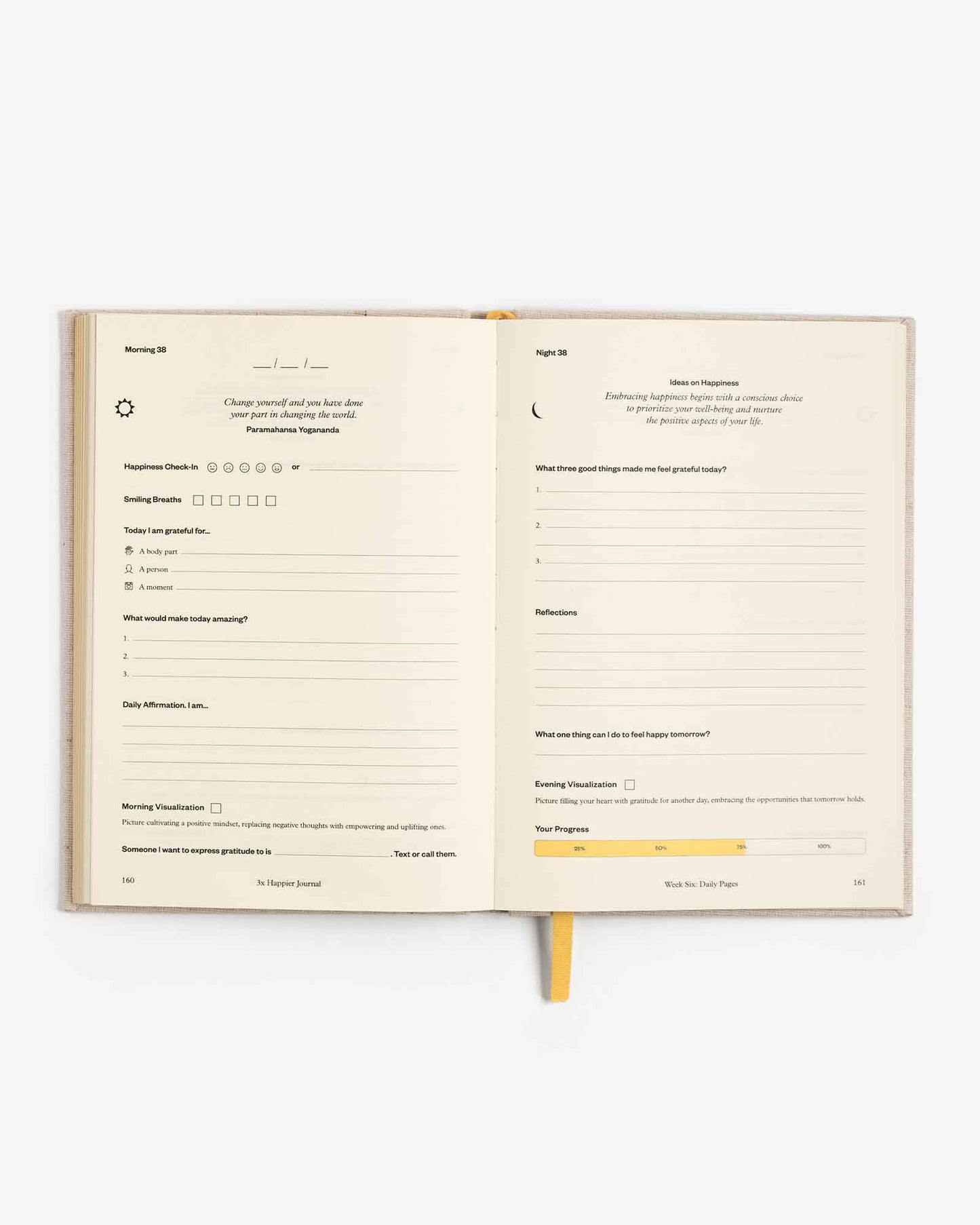 Open 3x Happier Journal by Intelligent Change featuring a clean, minimalist design with lined pages for daily reflections.