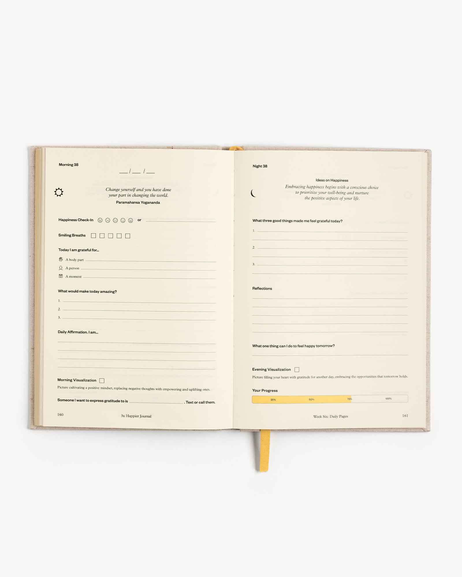 Open 3x Happier Journal by Intelligent Change featuring a clean, minimalist design with lined pages for daily reflections.