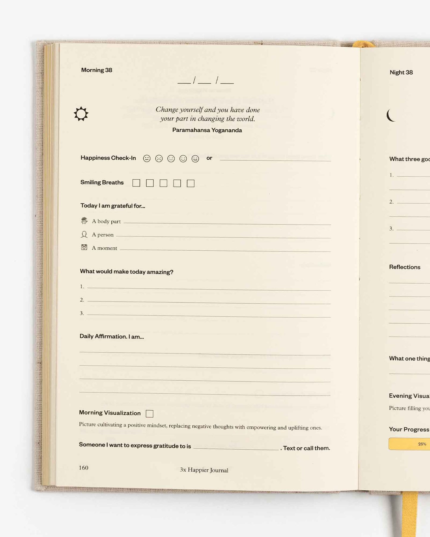 Close-up of the Intelligent Change 3x Happier Journal with a soft cover and open pages, designed for daily reflection and gratitude.