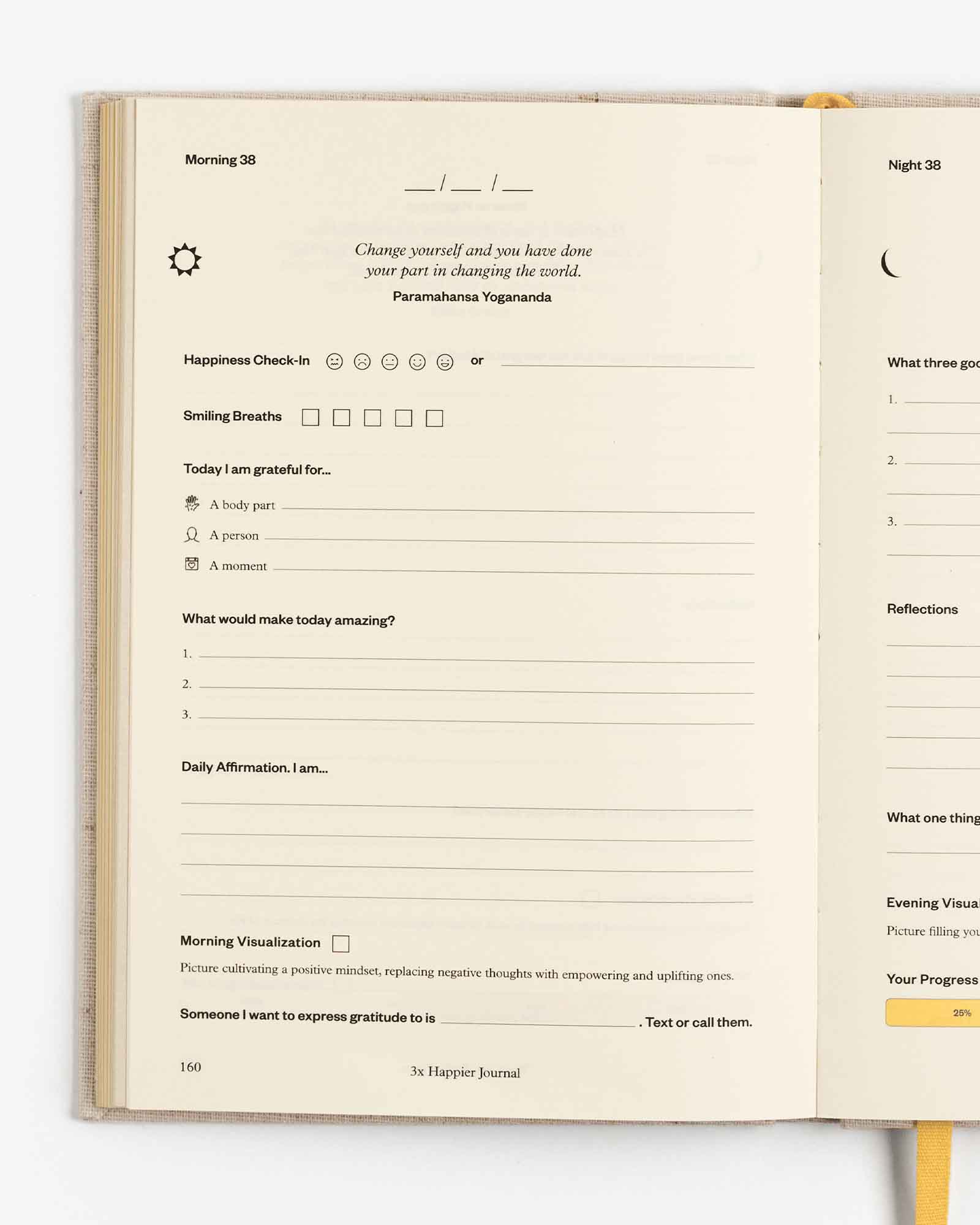 Close-up of the Intelligent Change 3x Happier Journal with a soft cover and open pages, designed for daily reflection and gratitude.