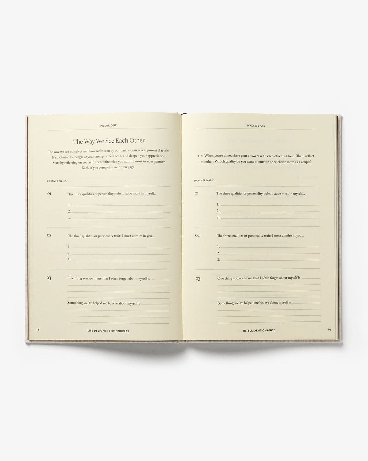 Life Designer Journal for Couples by Intelligent Change, open to pages with motivational prompts and couple-focused planning.
