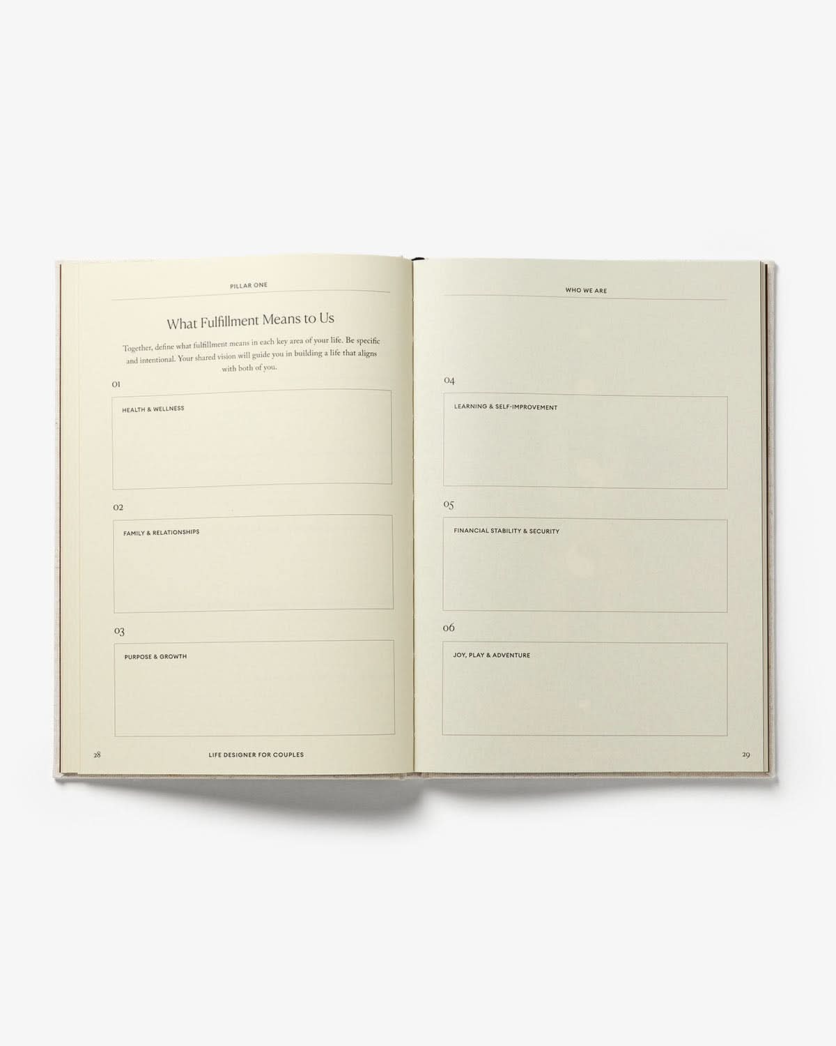 Life Designer Journal for Couples by Intelligent Change, open on pages with prompts for relationship goals and reflections.