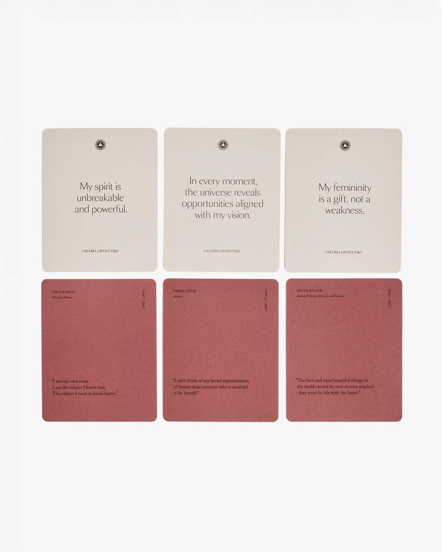 Set of four mindful affirmation cards for women by Valeria Lipovetsky from Intelligent Change, featuring positive and inspiring messages.