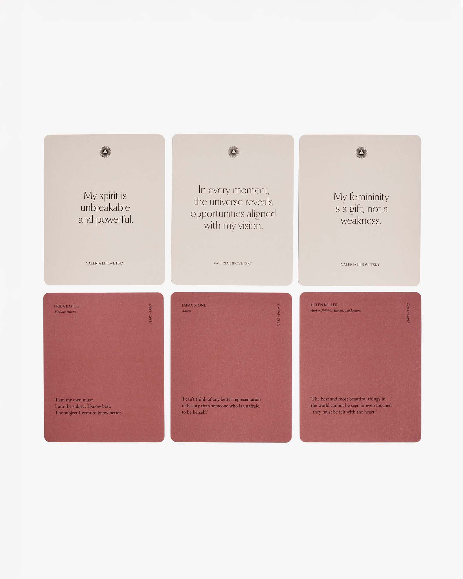 Set of four mindful affirmation cards for women by Valeria Lipovetsky from Intelligent Change, featuring positive and inspiring messages.