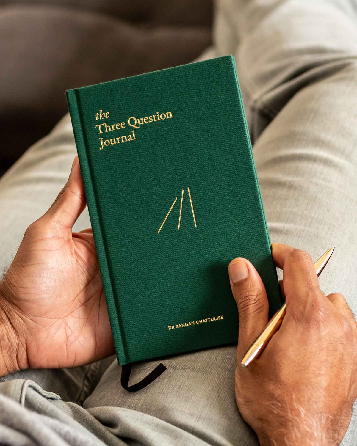 Green The Three Question Journal by Intelligent Change, a mindfulness journal with inspiring prompts on a clean, minimal cover design.
