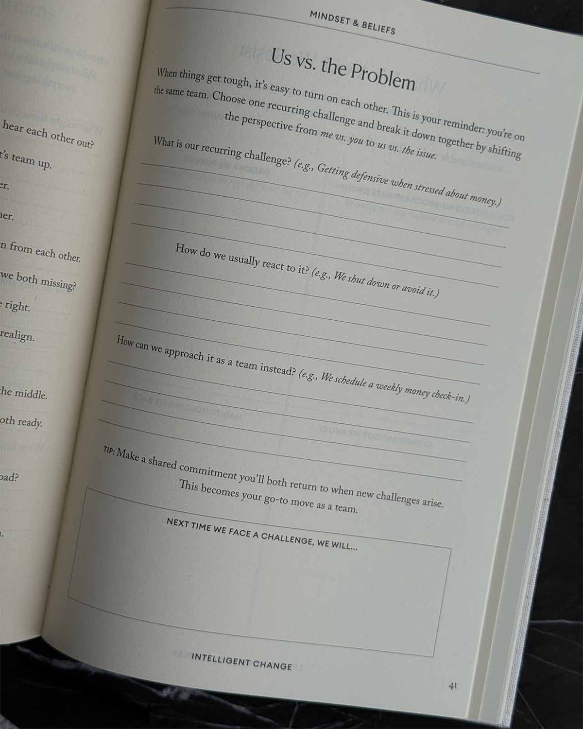 Life Designer Journal for Couples by Intelligent Change, open pages showing prompts for relationship goals and shared reflections.