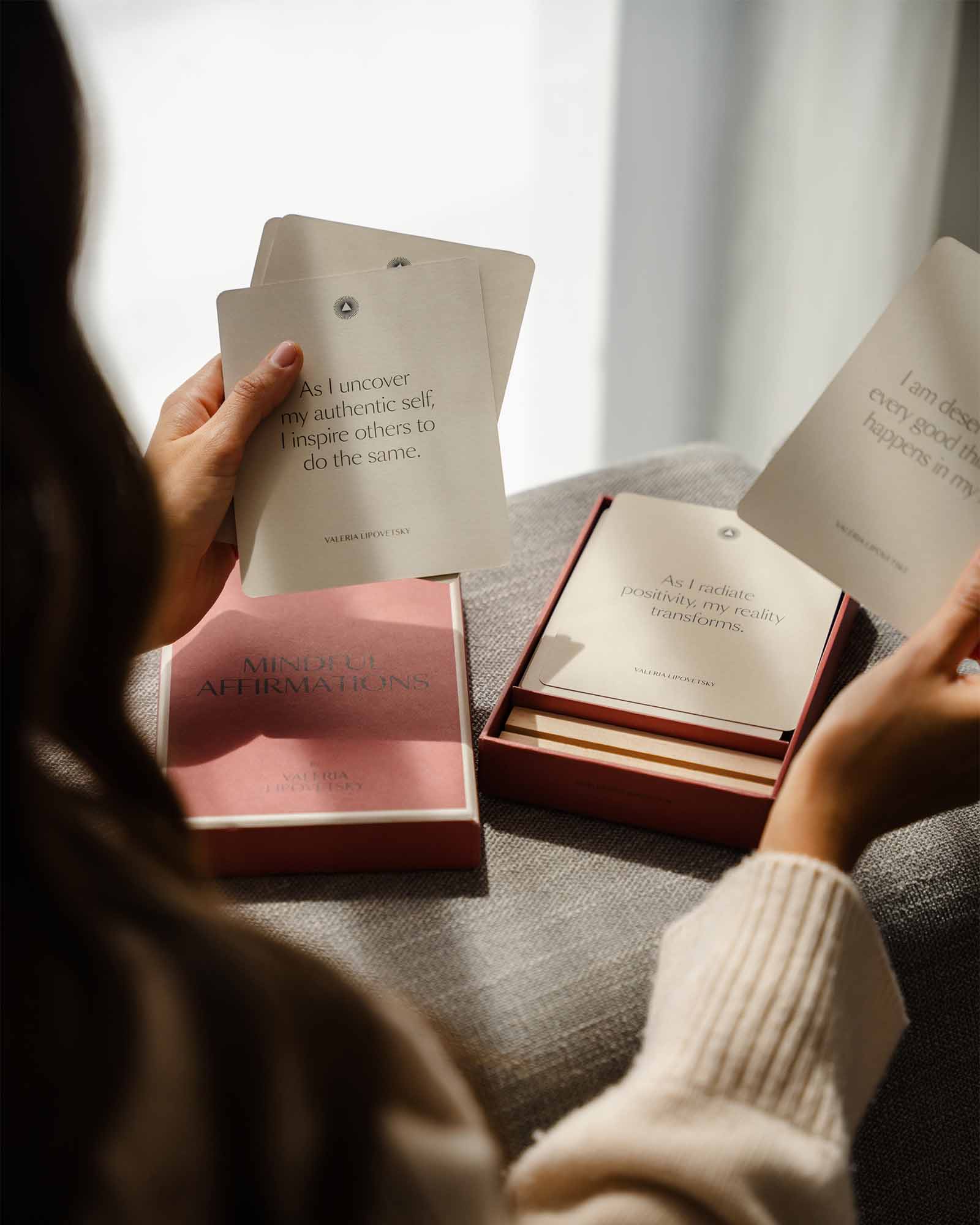 Four pages of mindful affirmations for women from Valeria Lipovetsky, featuring positive statements and calming designs by Intelligent Change.