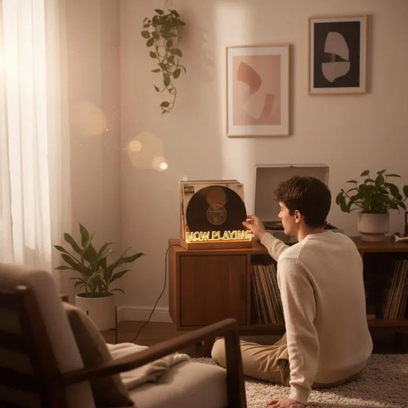 Wooden vinyl record stand from eprolo on a desk, showcasing a vintage record display for office decor and album organization.