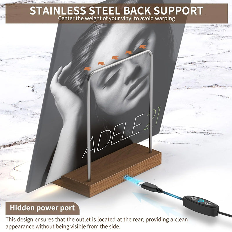 Eprolo wooden vinyl record stand on a desk, showcasing a vintage record for desktop display or office decor.