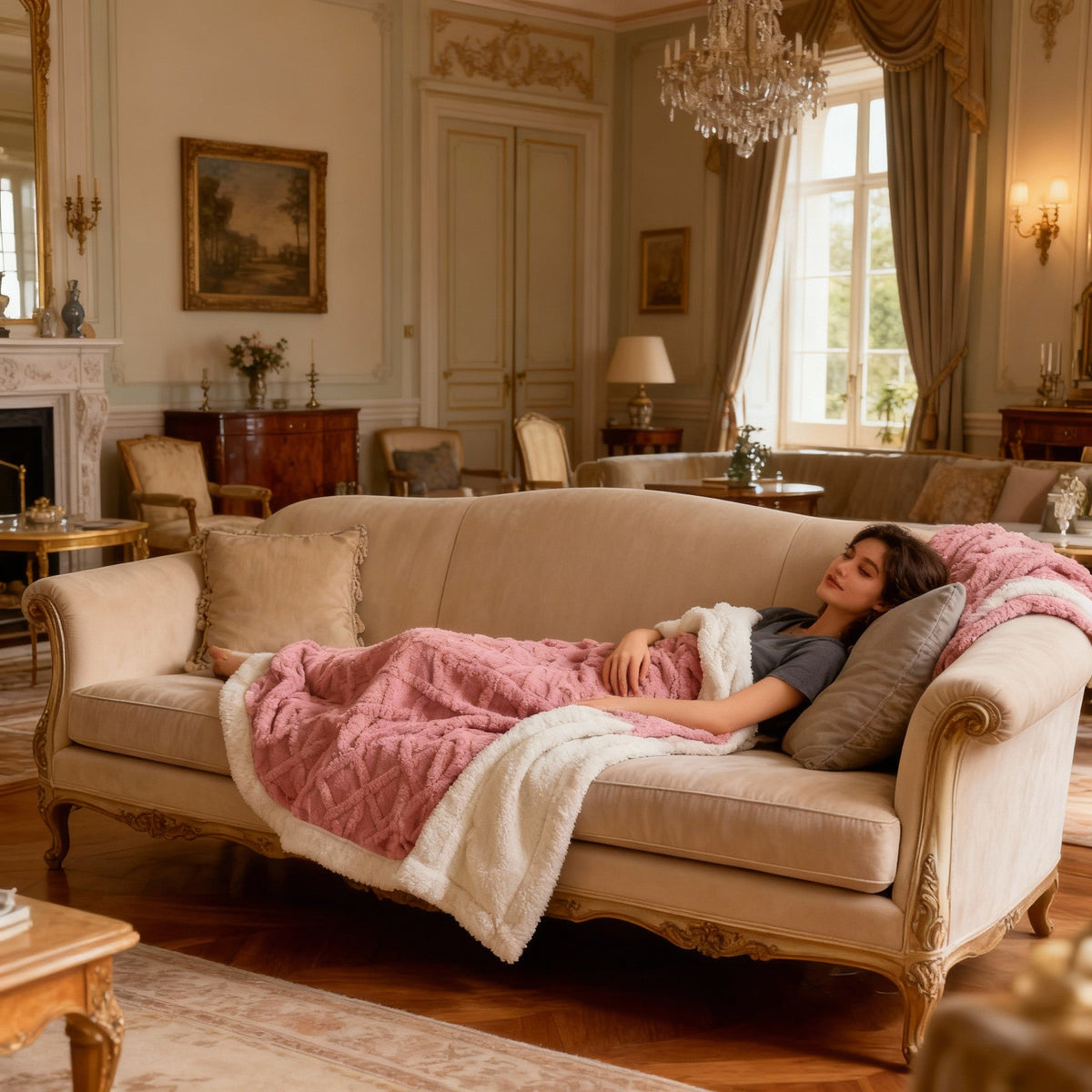 Soft plush 2Dropme luxury flannel blanket draped over a sofa, showcasing cozy, warm, washable throw for comfortable relaxation.