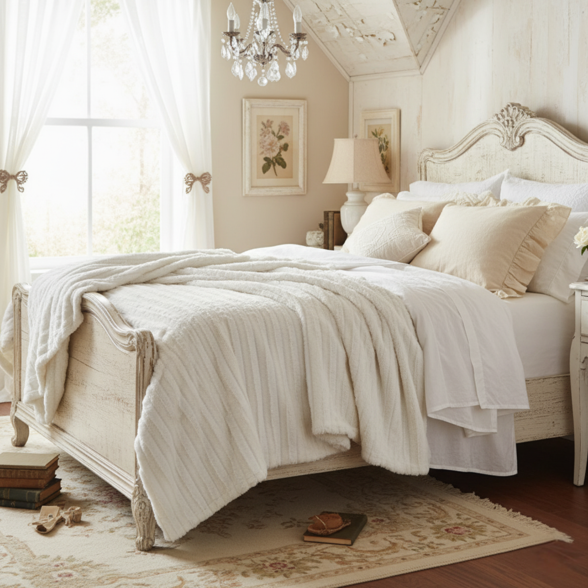 Tache Home Fashion ivory faux fur throw blanket with sherpa lining, soft and cozy for added warmth and comfort.