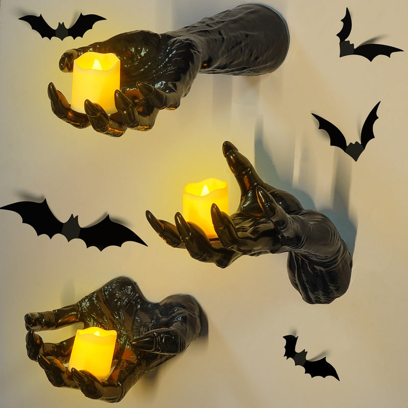 Set of 12 gothic Halloween bat stickers with spooky hands and lit candles for indoor wall decor, ideal for gothic-themed rooms.