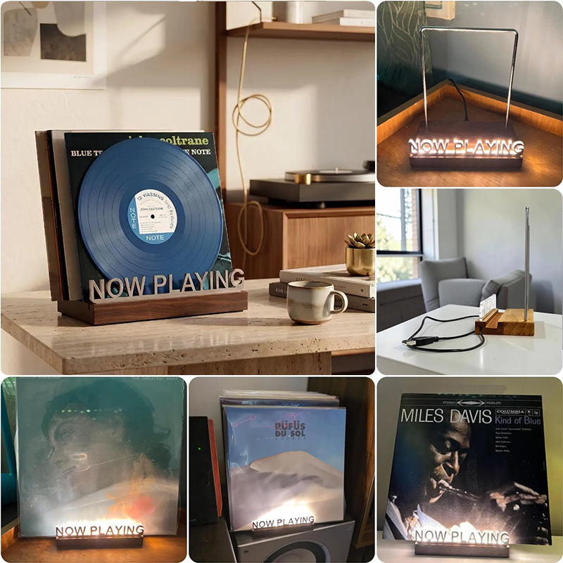 Wooden vinyl record stand by eprolo, desktop album display for office decor, showcasing a classic record on a stylish wooden holder.