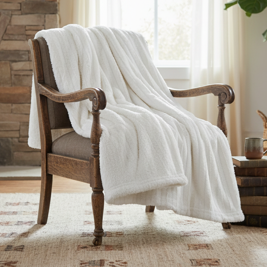 Tache Home Fashion ivory faux fur and sherpa throw blanket featuring plush white polar faux fur and soft sherpa lining.
