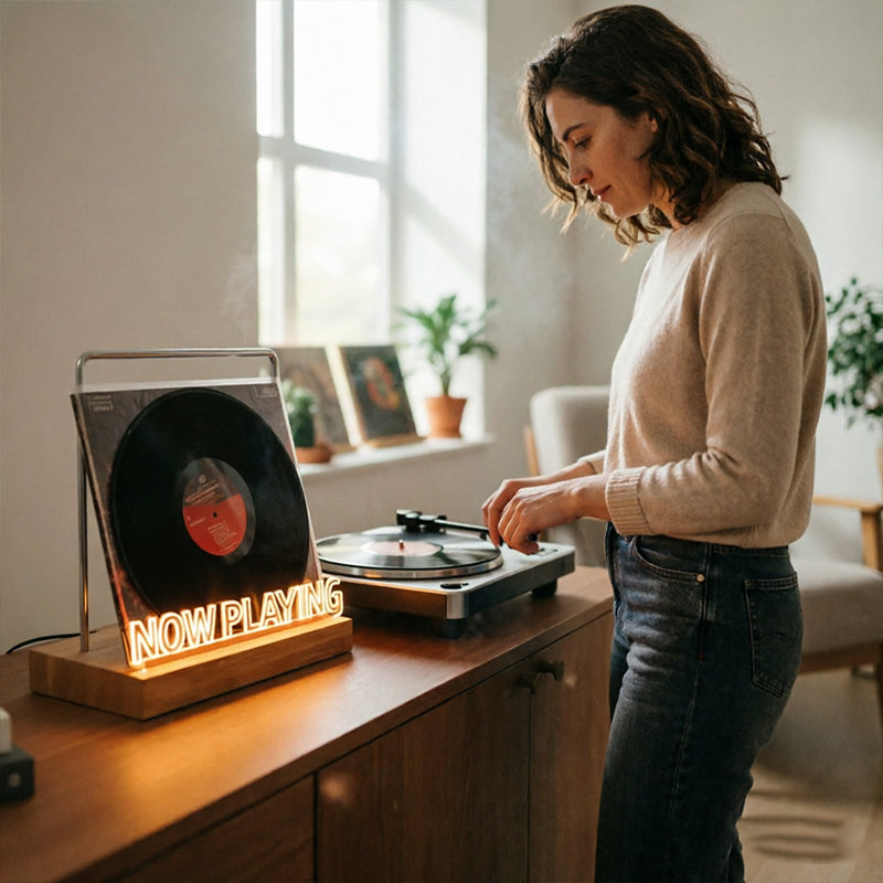 Wooden vinyl record stand by eprolo, desktop album display with angled design, perfect for showcasing vinyl records on office desks
