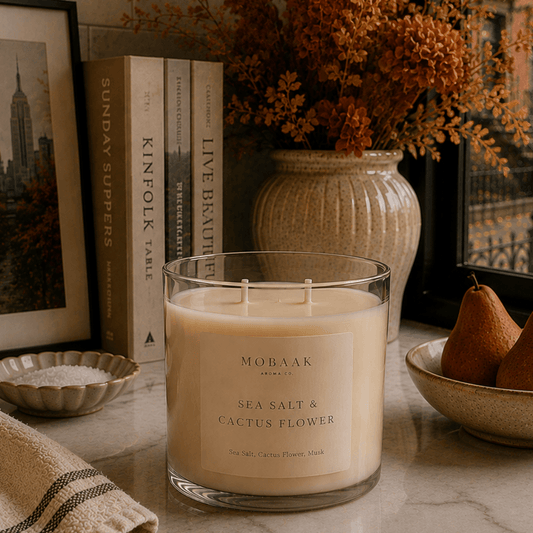 Mobaak Sea Salt & Cactus Flower Candle displayed with decorative items on a rustic table.