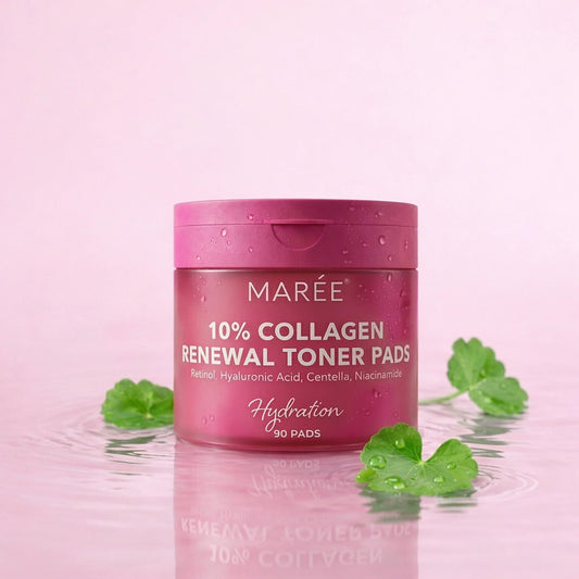 Maree Collagen & Retinol Toner Pads with soft cotton pads soaked in nourishing toner for skincare.