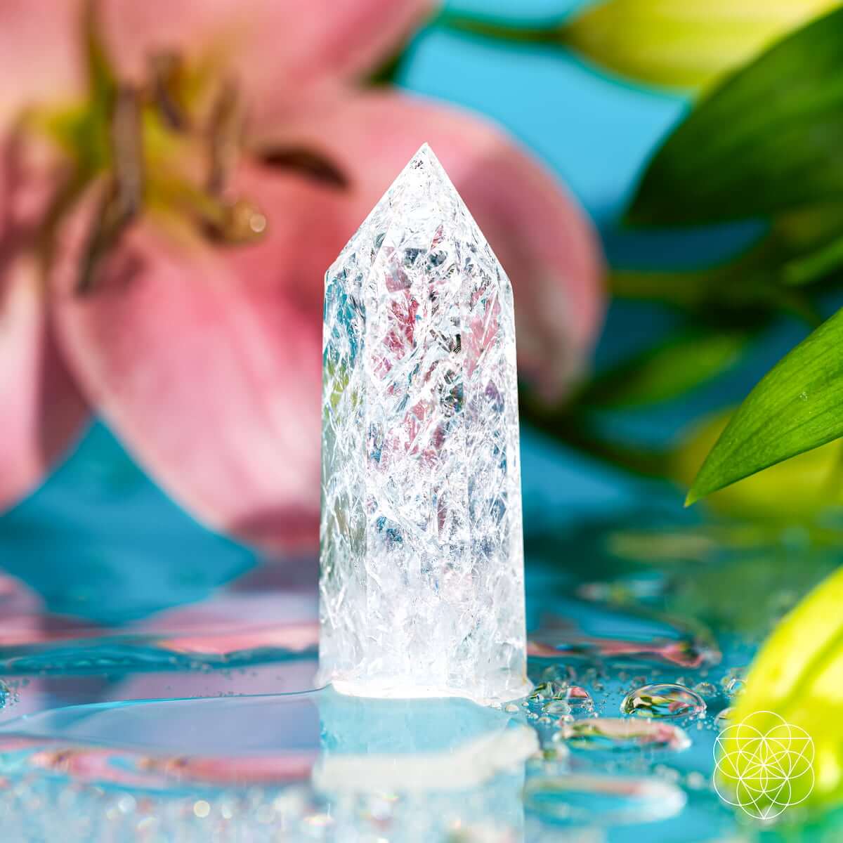 Ice Quartz point home decoration from Limitless Manifestation by Conscious Items, featuring clear, polished crystal with natural facets.