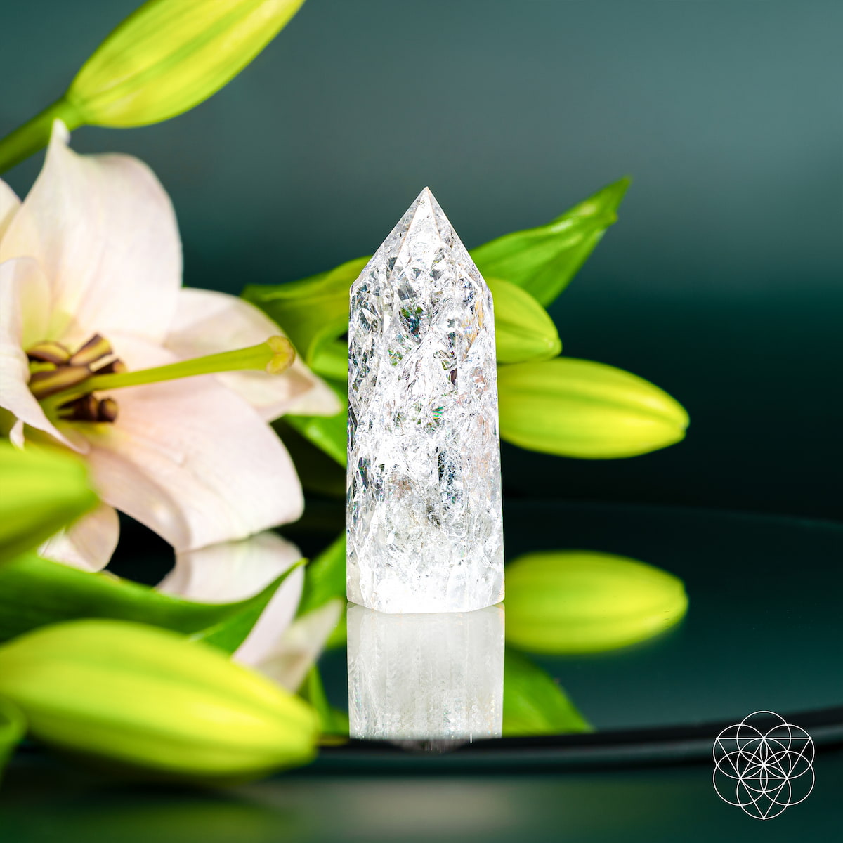 Ice quartz point home decoration by Conscious Items, showcasing a clear, polished crystal with natural point shape for positive energy.
