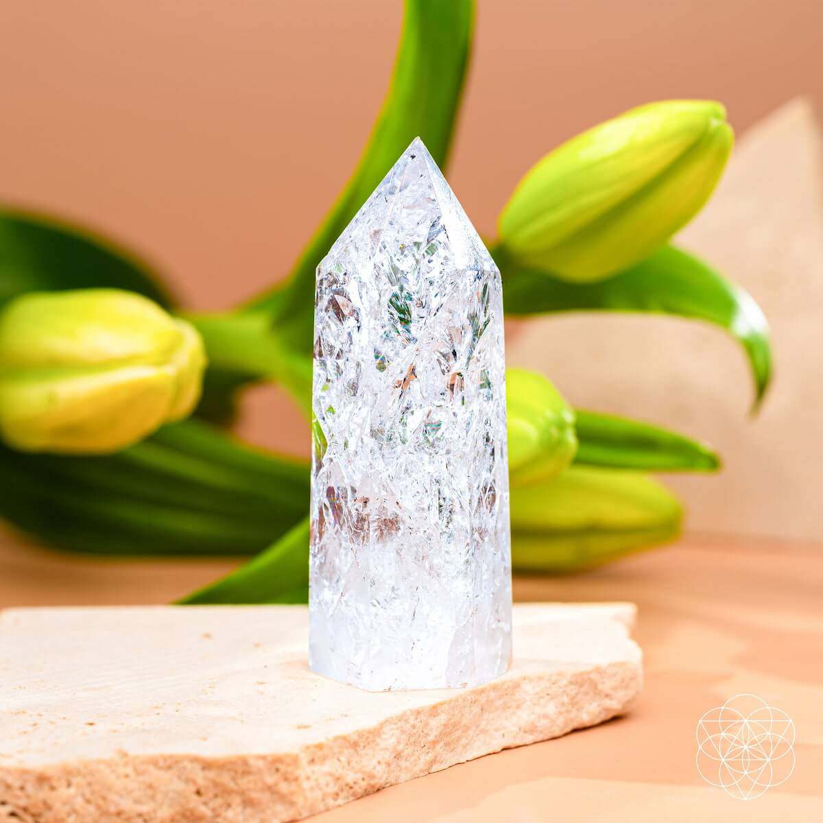 Ice Quartz Point home decoration by Conscious Items, featuring a clear, polished crystal with natural geometric formations.