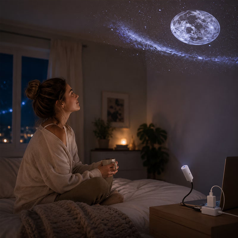 Eprolo USB star projector displaying a calming night sky with colorful stars and gentle light for relaxation.