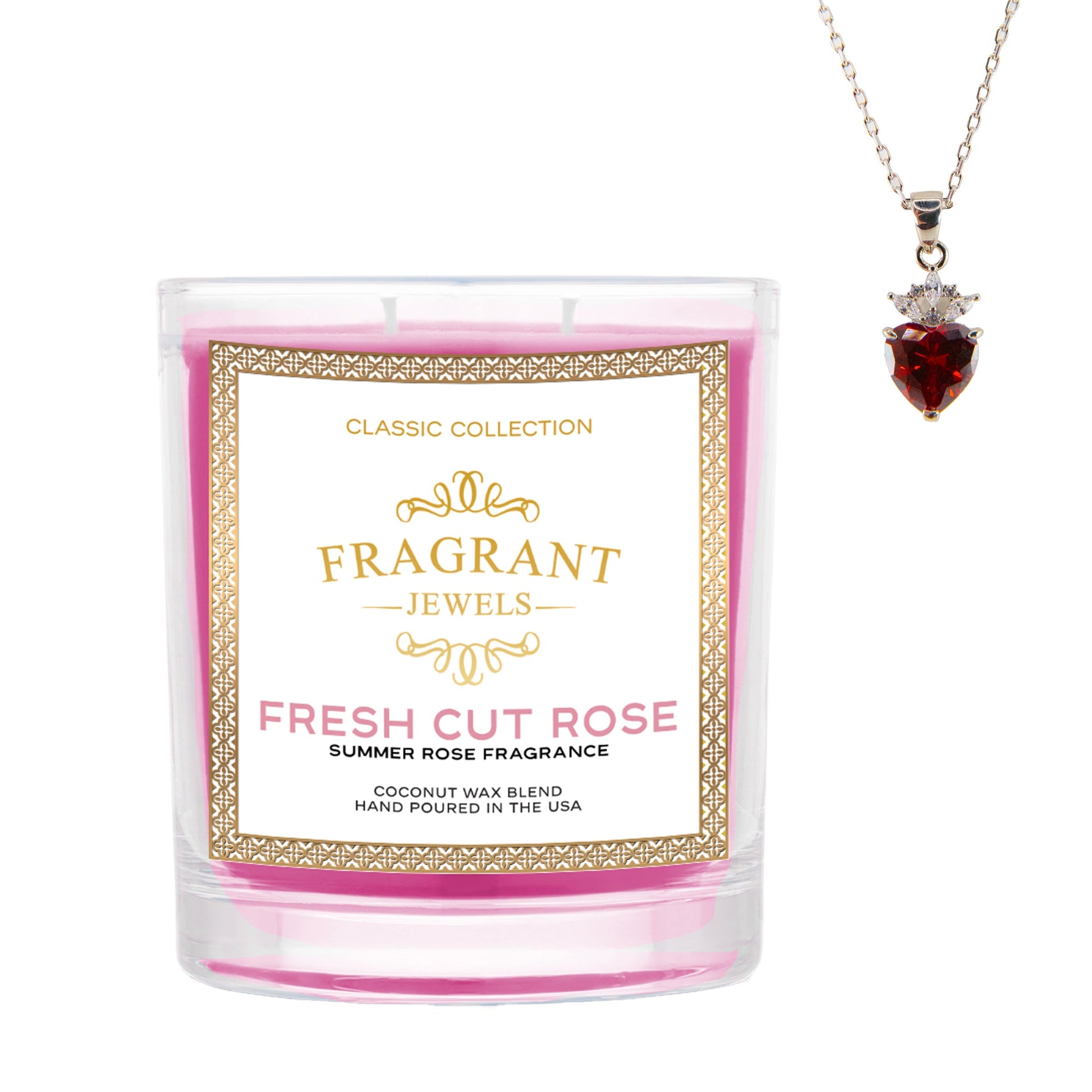 Fragrant Jewels Jewel Candle with fresh cut rose scent, featuring a decorative candle with a rose design in a clear glass container.