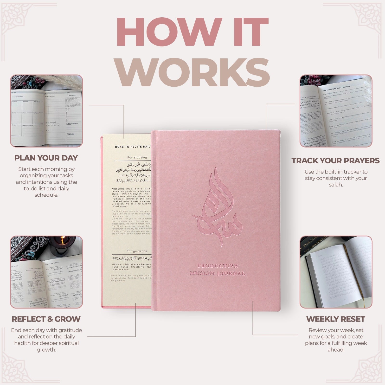 Salam Journal - The Ultimate Muslim Journal with Arabic calligraphy cover and motivational Islamic quotes inside.