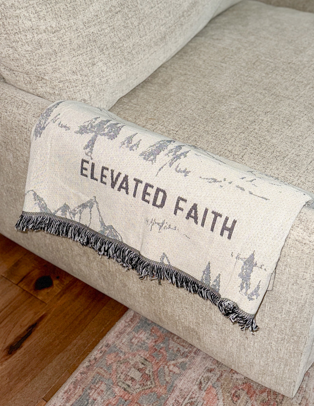 Elevated Faith Mountainscape throw blanket with scenic mountain design, soft fabric, perfect for cozying up at home.