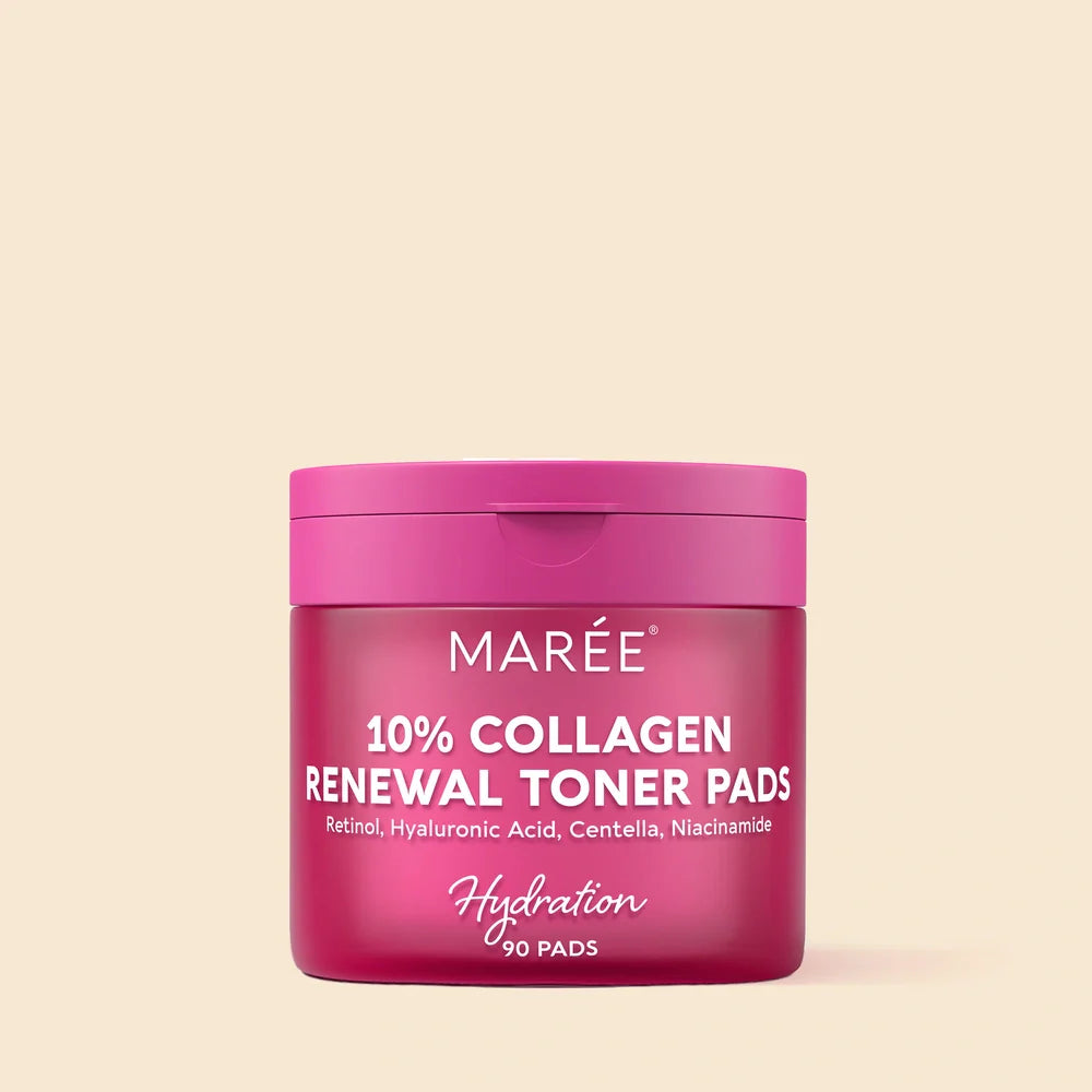 Maree Collagen & Retinol Toner Pads with exfoliating pads featuring retinol and collagen for brightening and skin renewal.