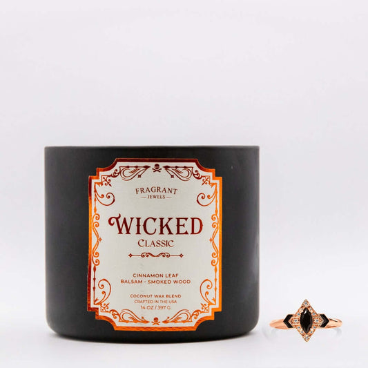 Wicked Classic 2.0 - Jewel Candle featuring Cinnamon Leaf, Balsam, and Smoked Wood in a stylish black container.