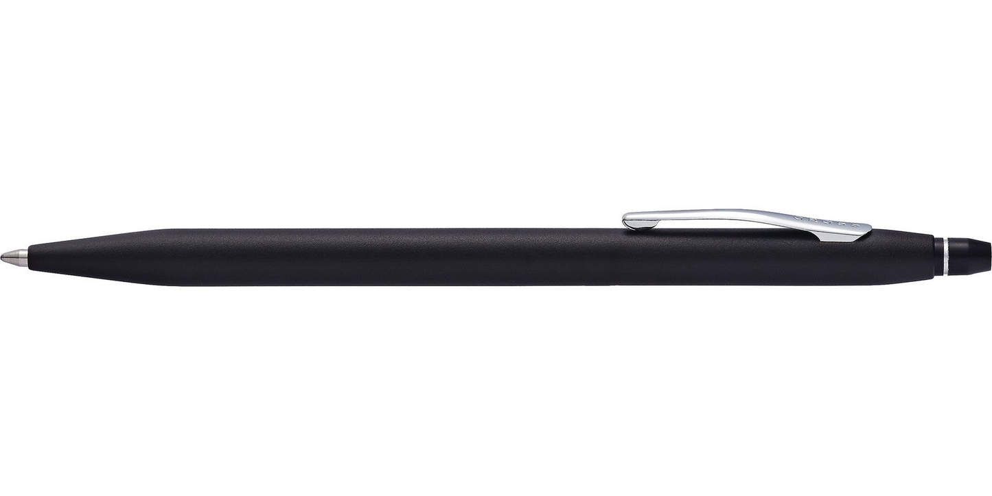 A.T. Cross Click™ Classic Black Ballpoint Pen shown from a side and top view, featuring a sleek black design and silver accents.
