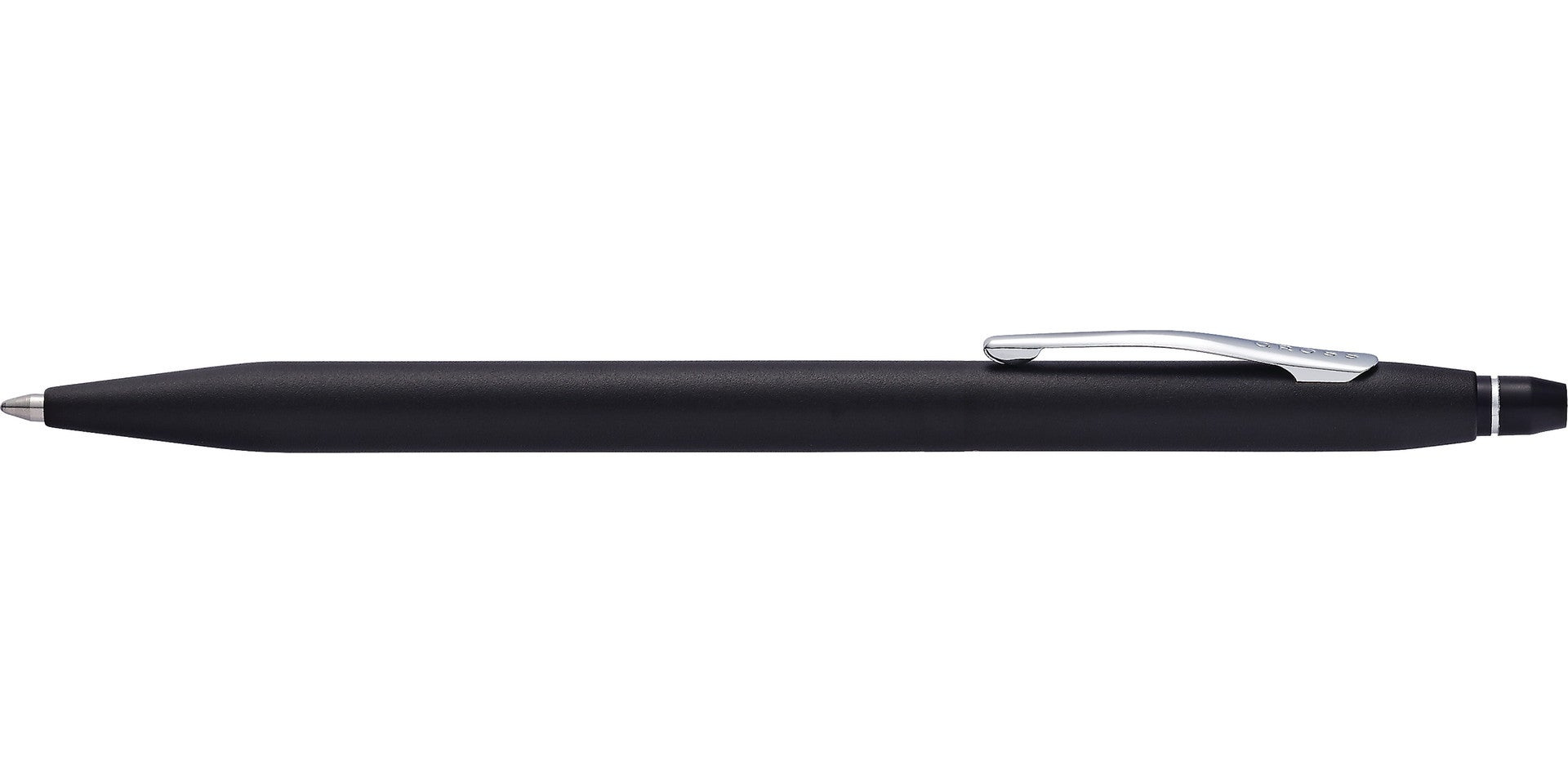 A.T. Cross Click™ Classic Black Ballpoint Pen shown from a side and top view, featuring a sleek black design and silver accents.