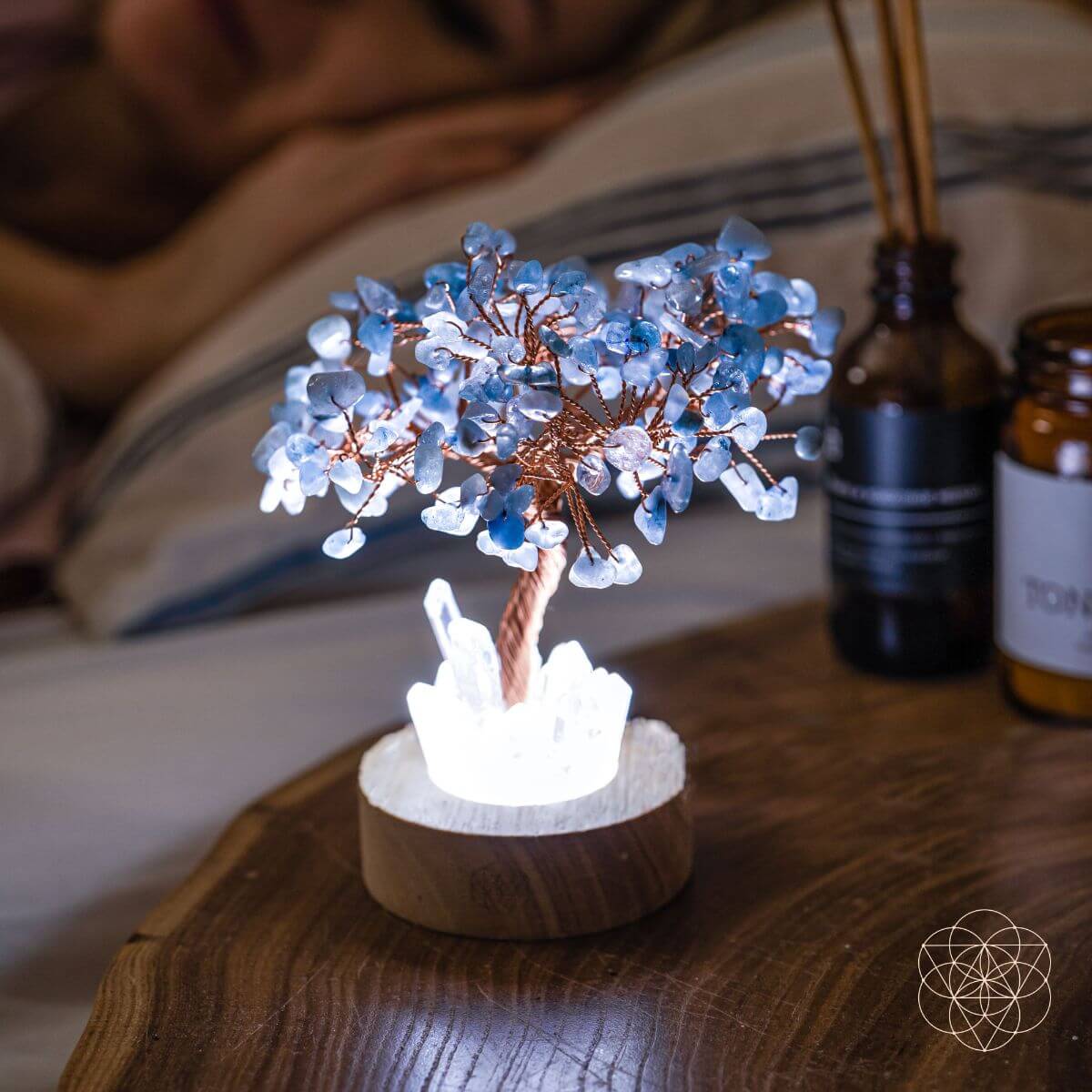 Aquamarine Tree Guardian Angel Night Light by Conscious Items, decorative lamp with protective angel and aquamarine accents.