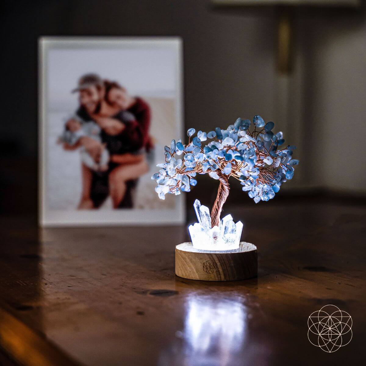 Aquamarine Guardian Angel Lamp of Protection night light by Conscious Items featuring a tree design for spiritual protection and calming illumination.