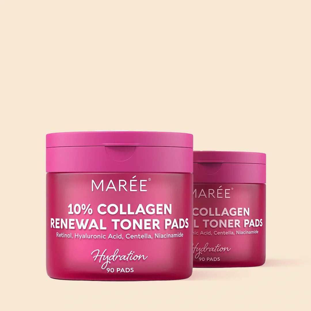Maree Collagen & Retinol Toner Pads with exfoliating retinol and nourishing collagen for refreshed, smooth skin.