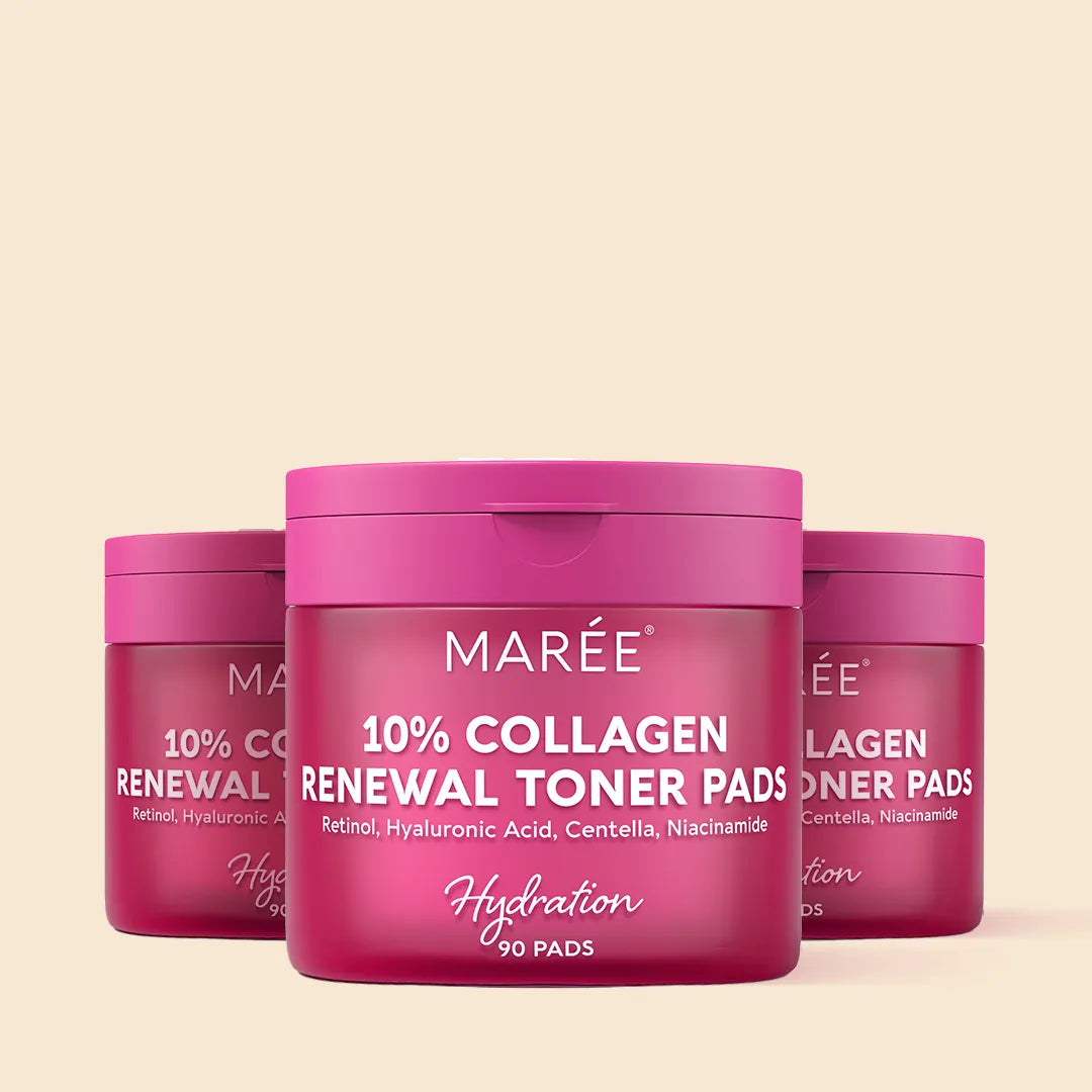 Maree Collagen & Retinol Toner Pads with textured cotton pads showing retinol and collagen for skincare.