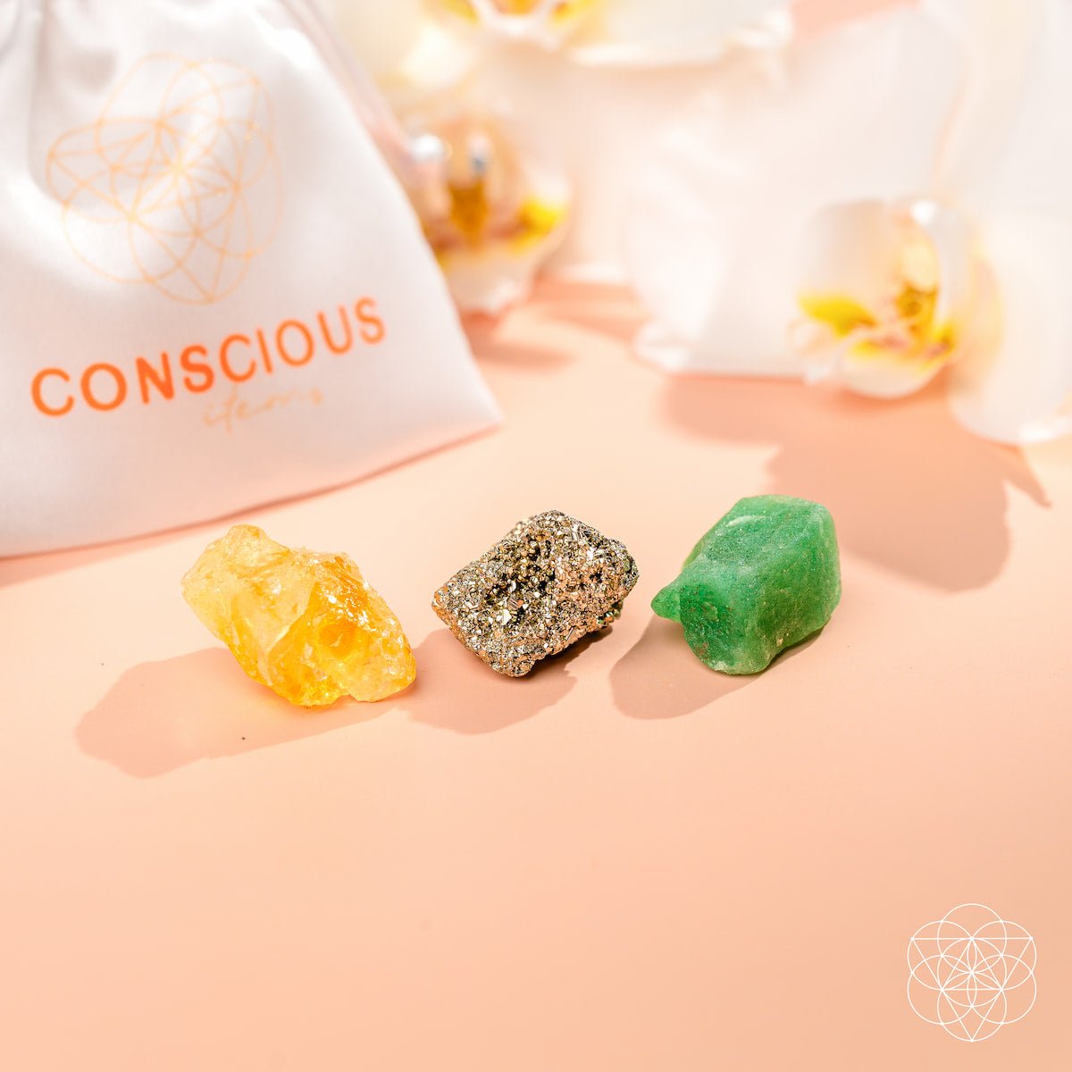 Set of three decorative home ornaments from the Abundance Trio by Conscious Items, featuring natural textures and earthy tones.